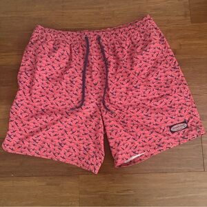 Vineyard Vines Men L Salmon Pink Navy Airplane Print Chappy Swim Trunks 7"